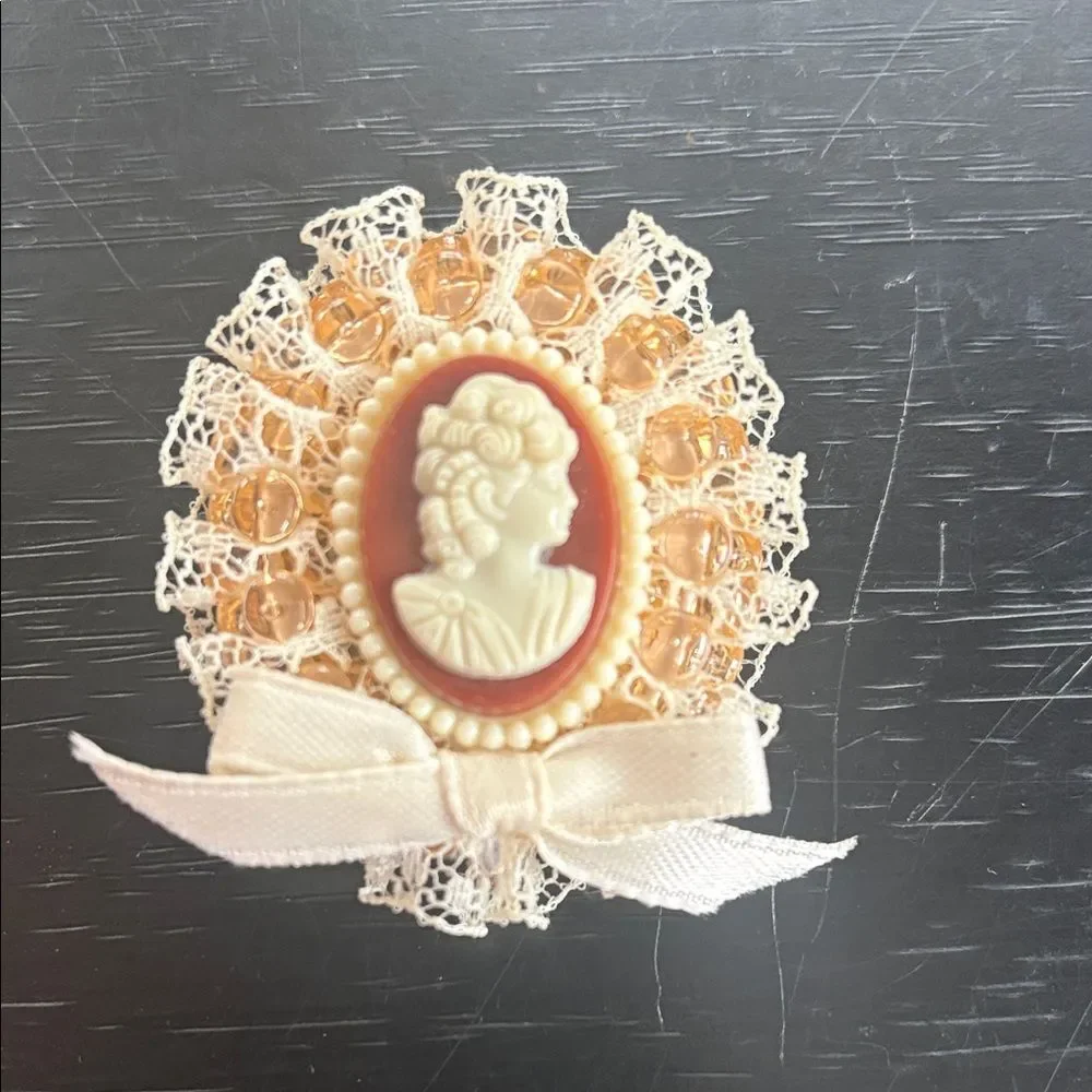 Vintage Cameo Brooch with Lace and Bow